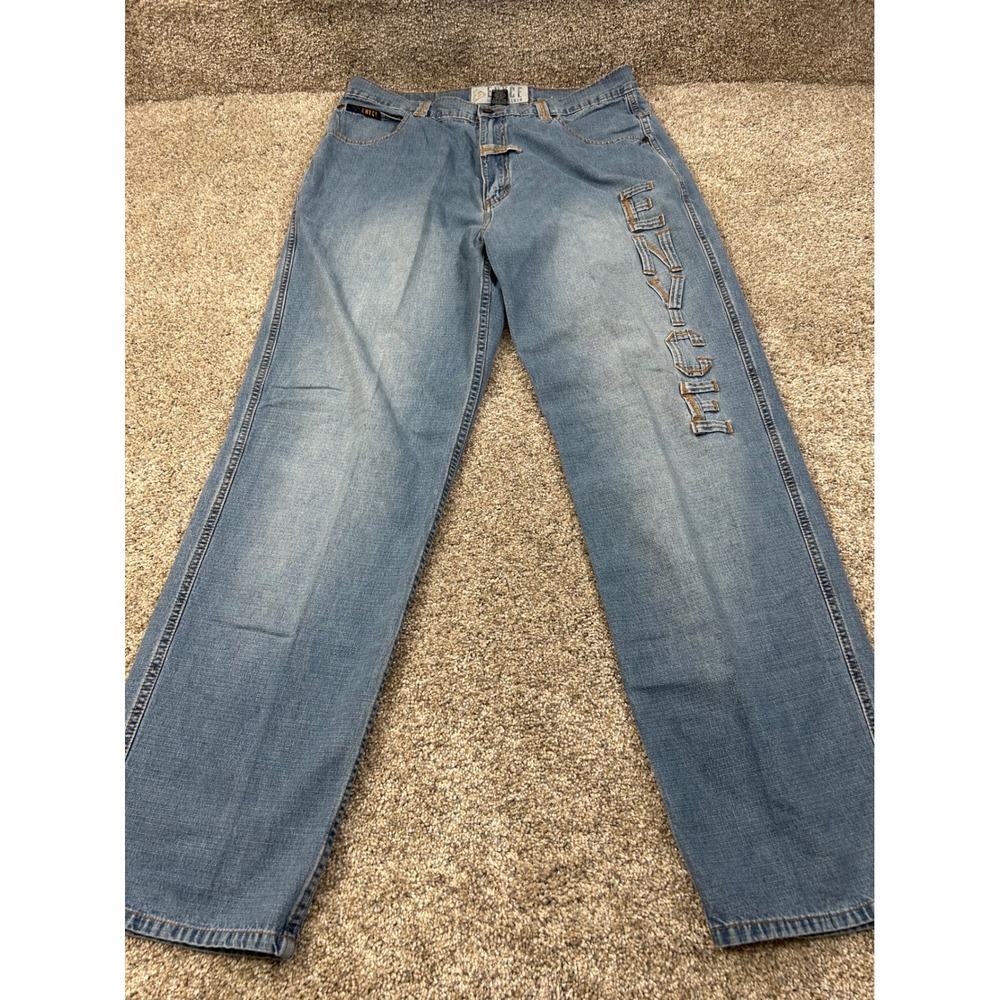 Enyce Mens Baggy Denim Jeans Light Wash Embroidered Logo Streetwear 38x32 #0608
